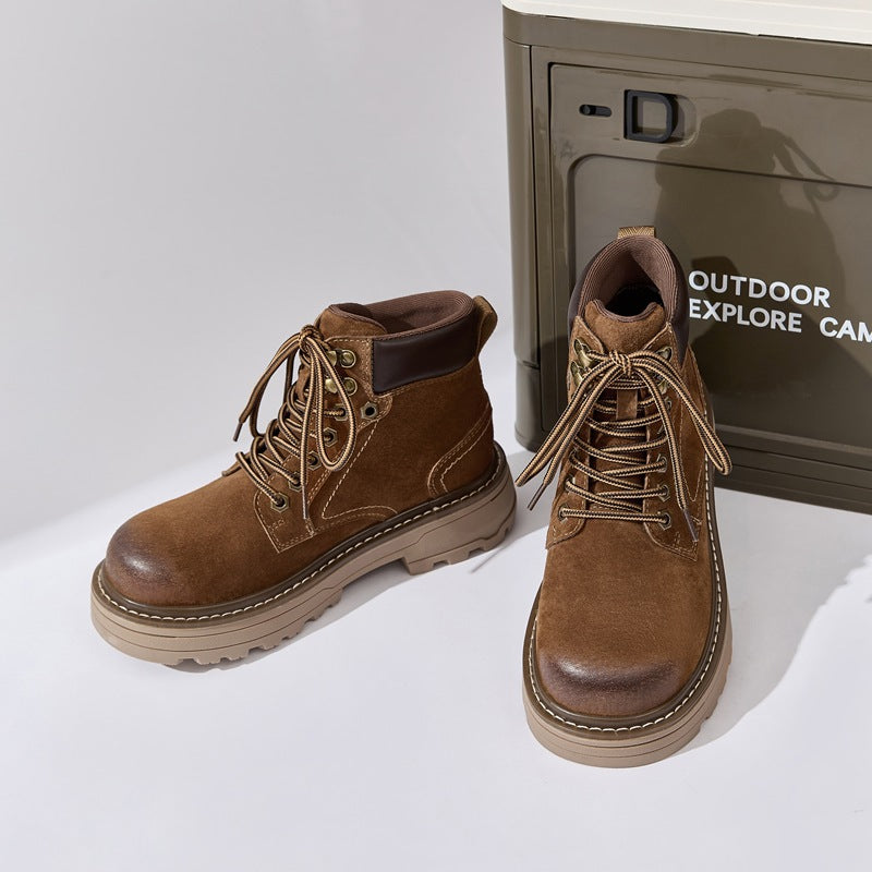 Wang Worker Couple Outdoor Travel Height Increasing Insole Platform Women's Leather Boots