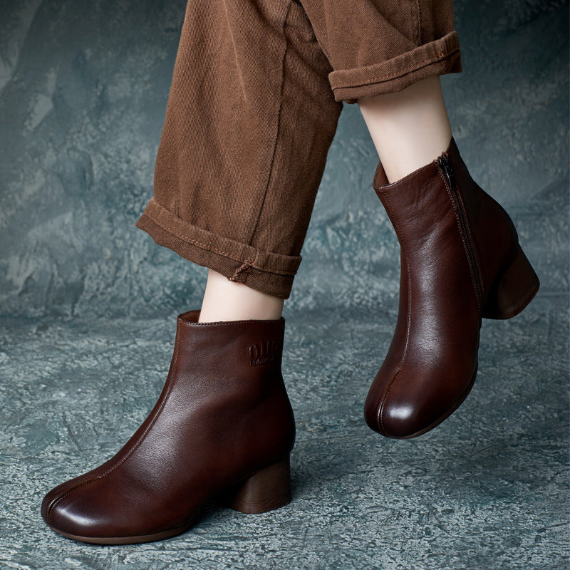 Style Handsome Handmade Cowhide Square Toe Chunky Heels