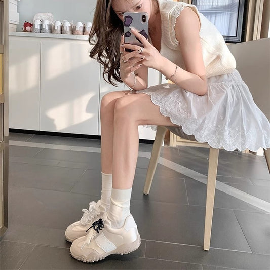 Women's Version Height Increasing Insole Mercerized Crescent Pearl Lace German Casual Shoes