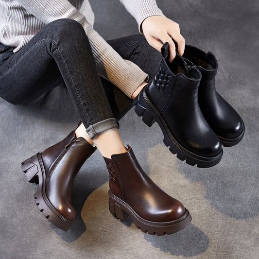 Women's First Layer Cowhide British Ankle Authentic Weave Retro Round Heels