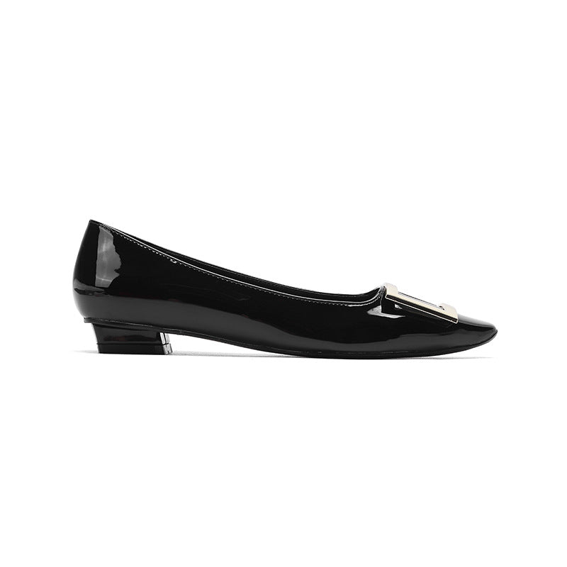 Women's Spring Patent Square Buckle Chunky Mid Women's Casual Shoes