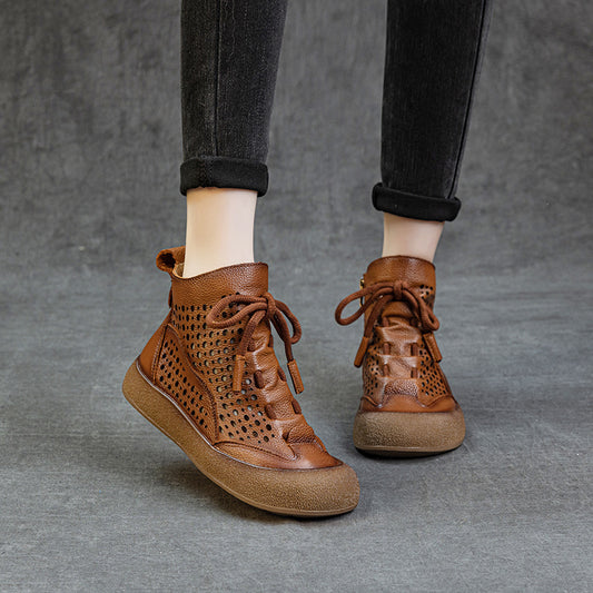 Women's Layer Cowhide Hollow Flat Soft Bottom Boots