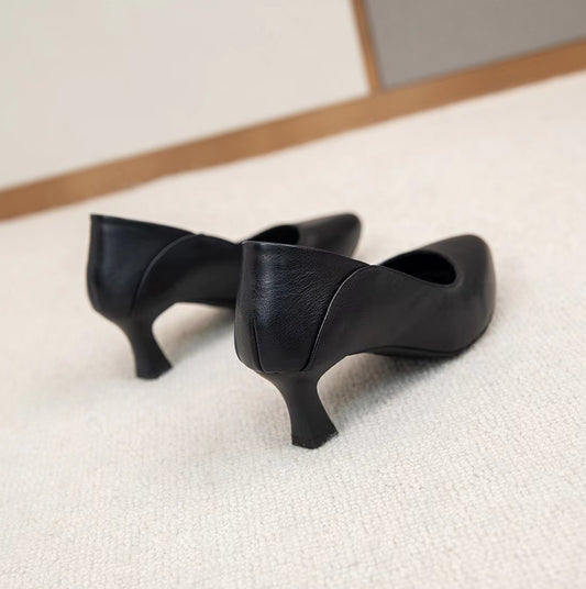 Women's High Low-cut Stiletto First Layer Cowhide Pointed Toe Commuter Women's Shoes