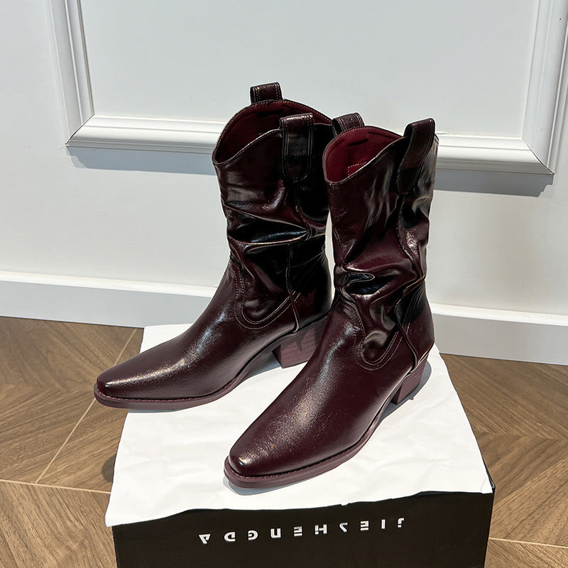 Women's Height Increasing Pile Style Autumn V Buckle Slimming Thick Middle Women's Leather Boots