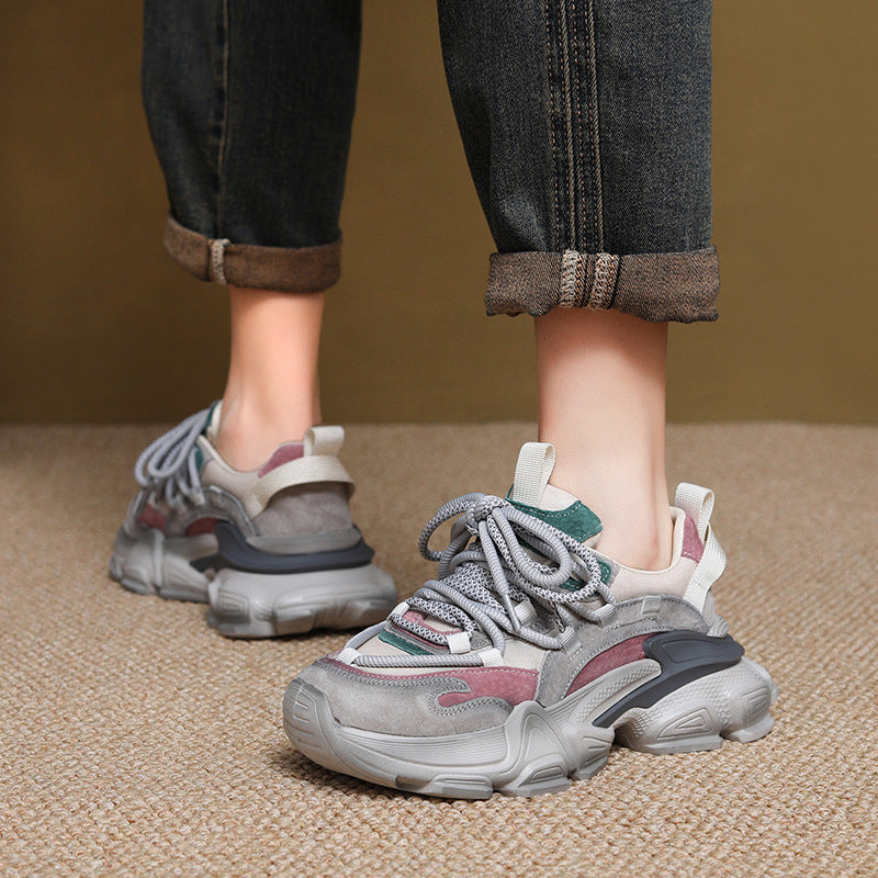 Women's Layer Cowhide Platform Dad Autumn Color Matching Sports Women's Casual Shoes