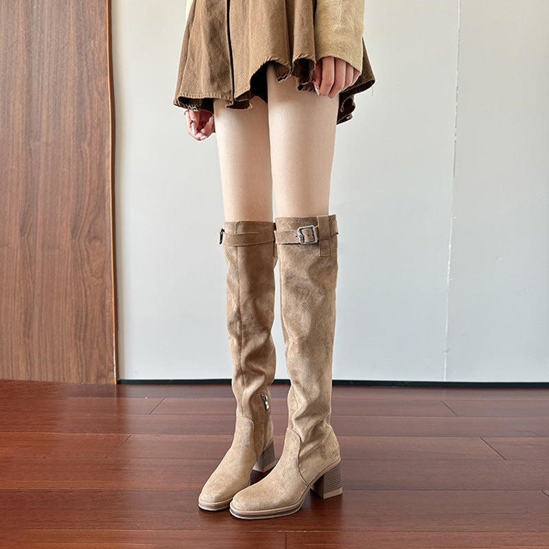 Women's Pile Style For V Cut Slimming Round Toe Thick High Women's Leather Boots