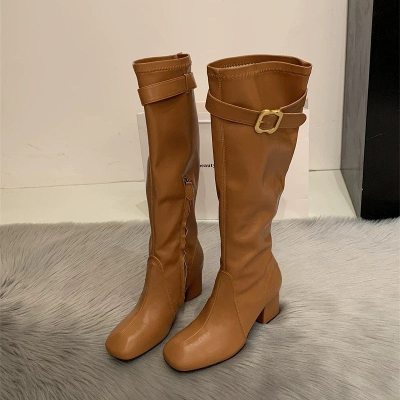 Mom Belt Buckle Thick Increased Side Women's Leather Boots