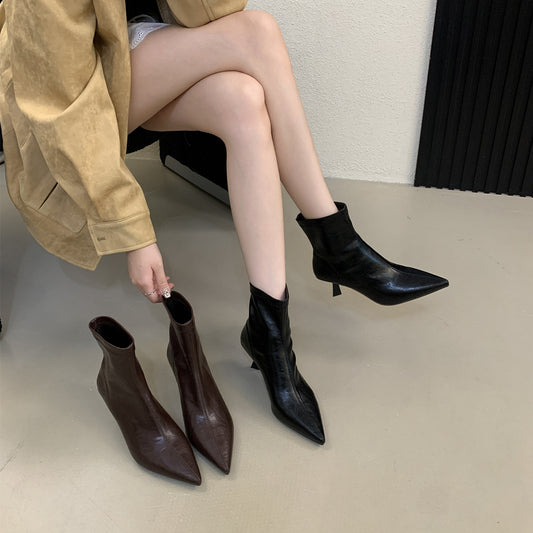 Pointed Stiletto Fashion Winter Mid Simple Graceful Women's Leather Boots