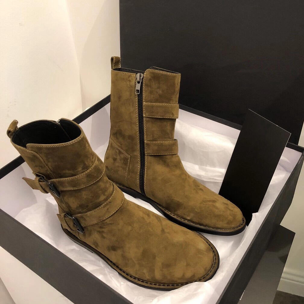 Women's Suede Flat Ankle Genuine Belt Buckle Women's Leather Boots