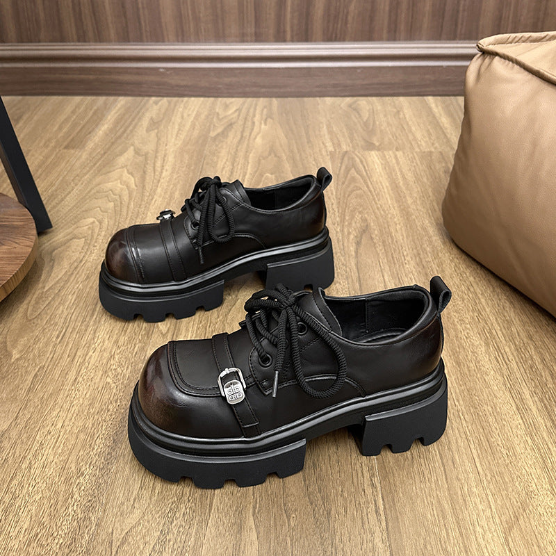 Thick Sole Increased With British Style Belt Buckle Round Toe Loafers