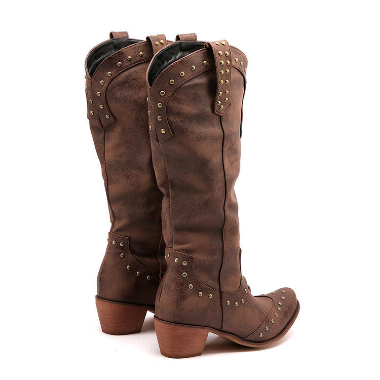 Women's Metal Rivet Square Toe High Western Women's Leather Boots