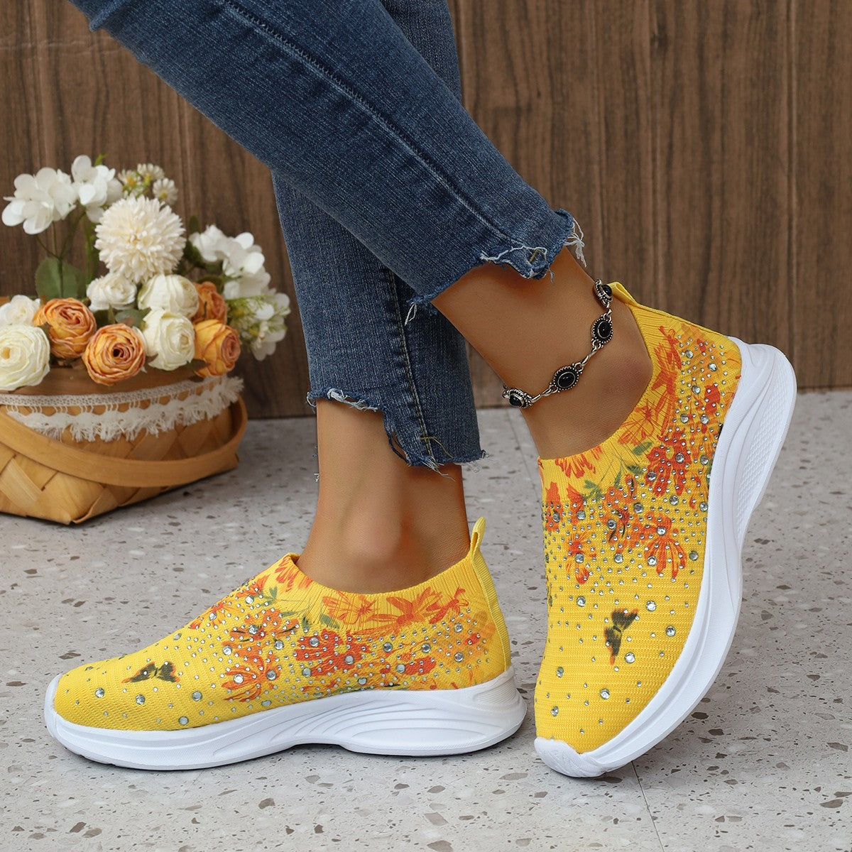 Women's & Men's Size Running Printed Flowers Rhinestone Slip-on Men's Shoes