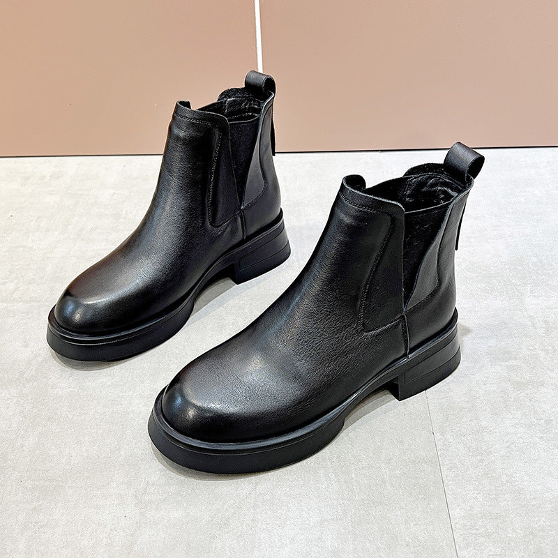 Women's Cowhide Martin British Style Thick Stretch Boots