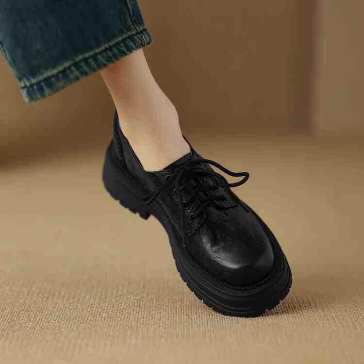 British Style Brown Round Head Thick Bottom Leather Shoes
