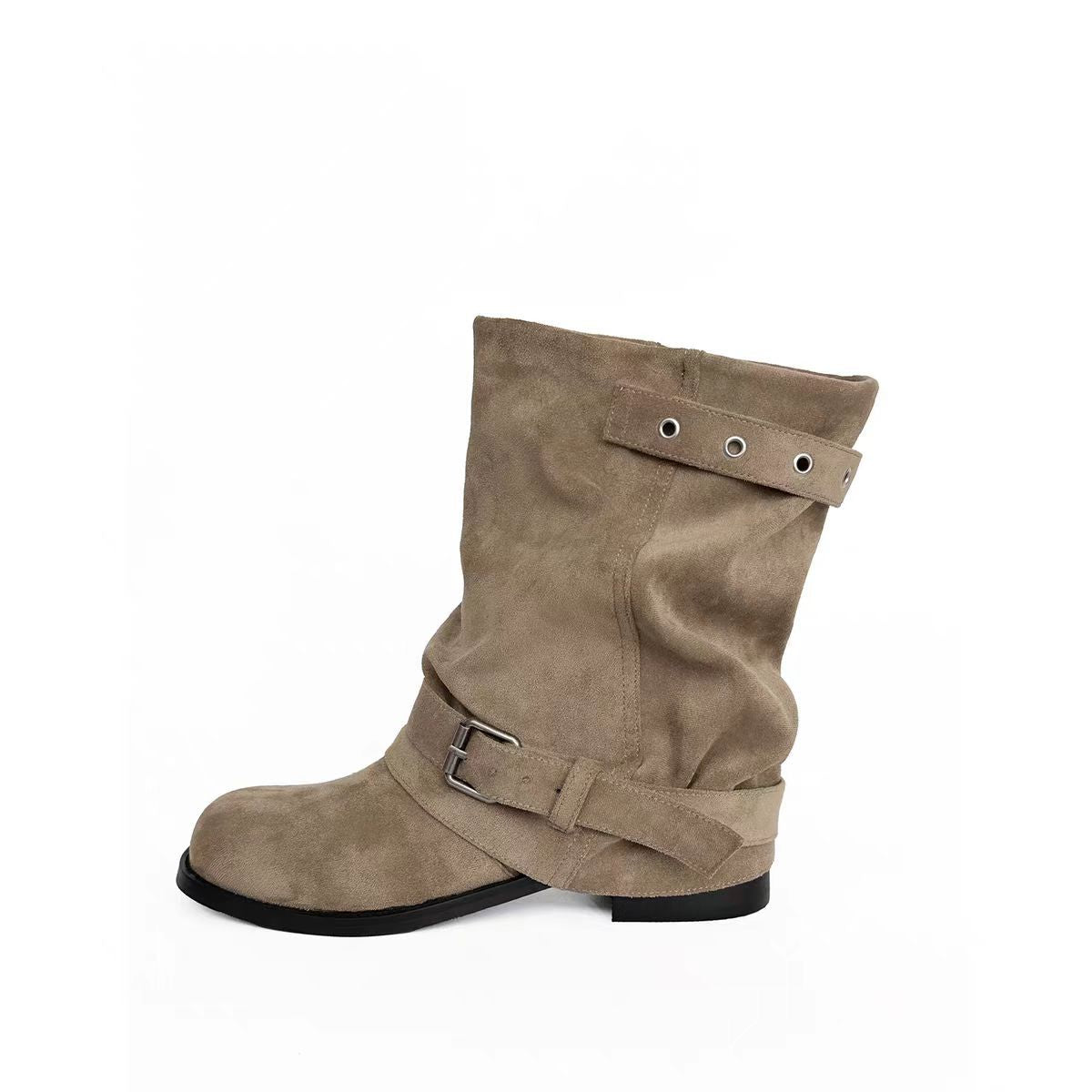 Women's Black For Knee-high Motorcycle Pleated Pile Women's Leather Boots