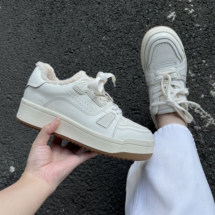 Women's Platform White Winter Fleece-lined Genuine Board Sneakers