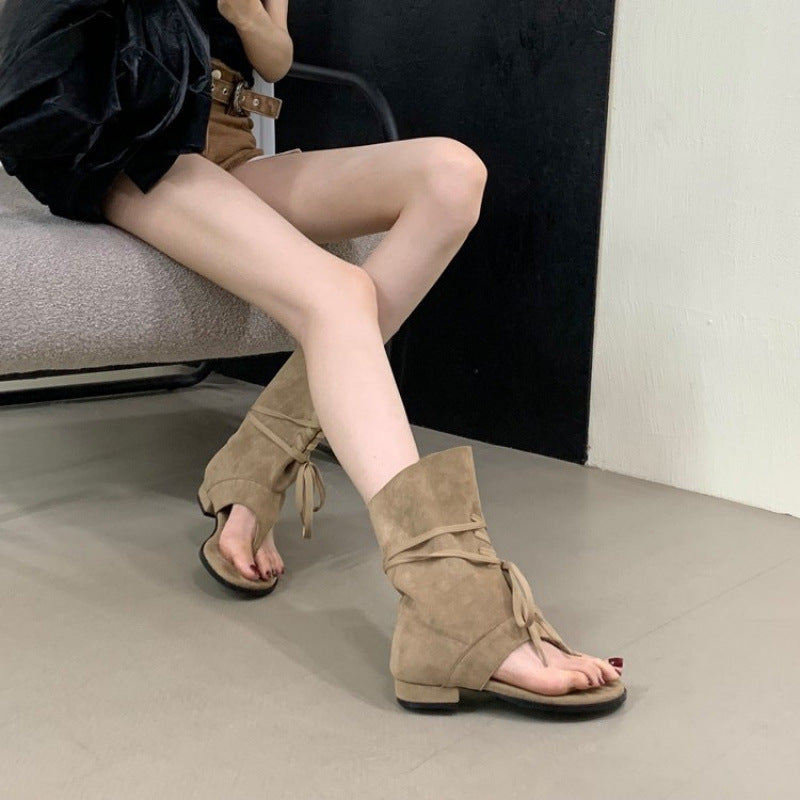 Women's Thick Bottom Drawstring Flip-flops Summer Pants Tube Retro Lace Up Sandals