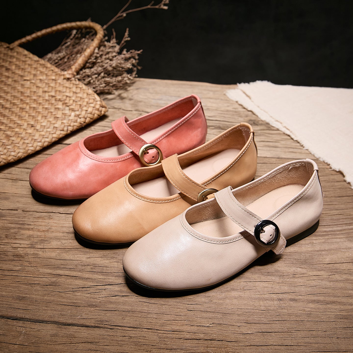 Women's Genuine Mary Jane Pointed Buckle Pink Soft Bottom Women's Casual Shoes