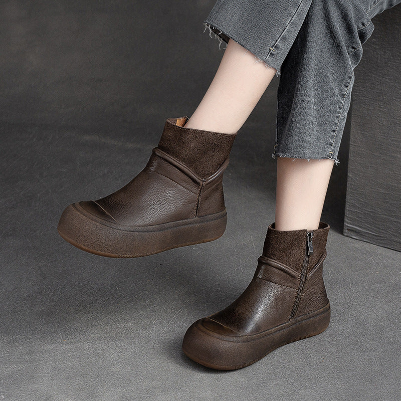 Women's Side Zipper Retro First Layer Cowhide Boots