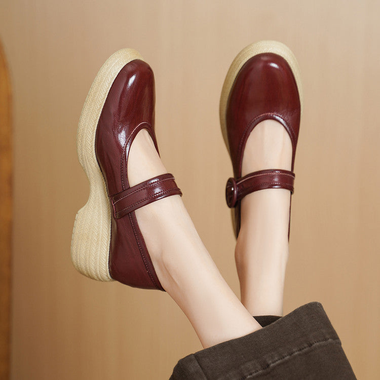 Women's Round Head Solid Color Low Cut Mary Jane Wedge Retro Women's Fashion Shoes