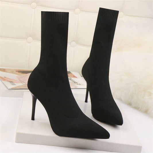 Women's Stiletto Pointed High Stretch Knitted Single-layer Slimming Large Size Versatile Women's Leather Boots