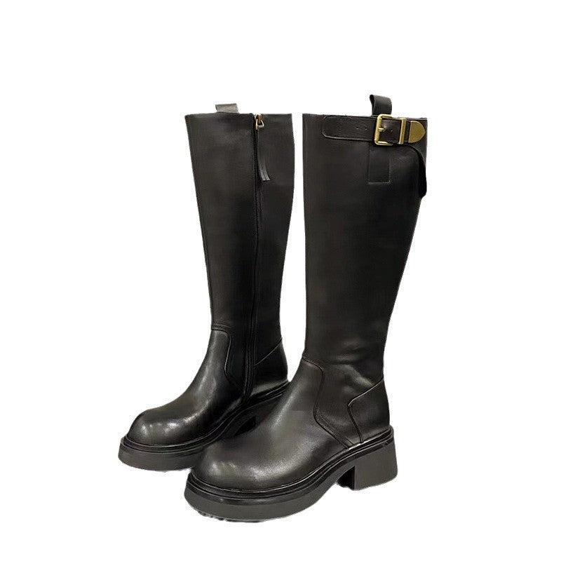 Women's Widened Metal Buckle Knight Fleece-lined Black Round Chunky Women's Leather Boots