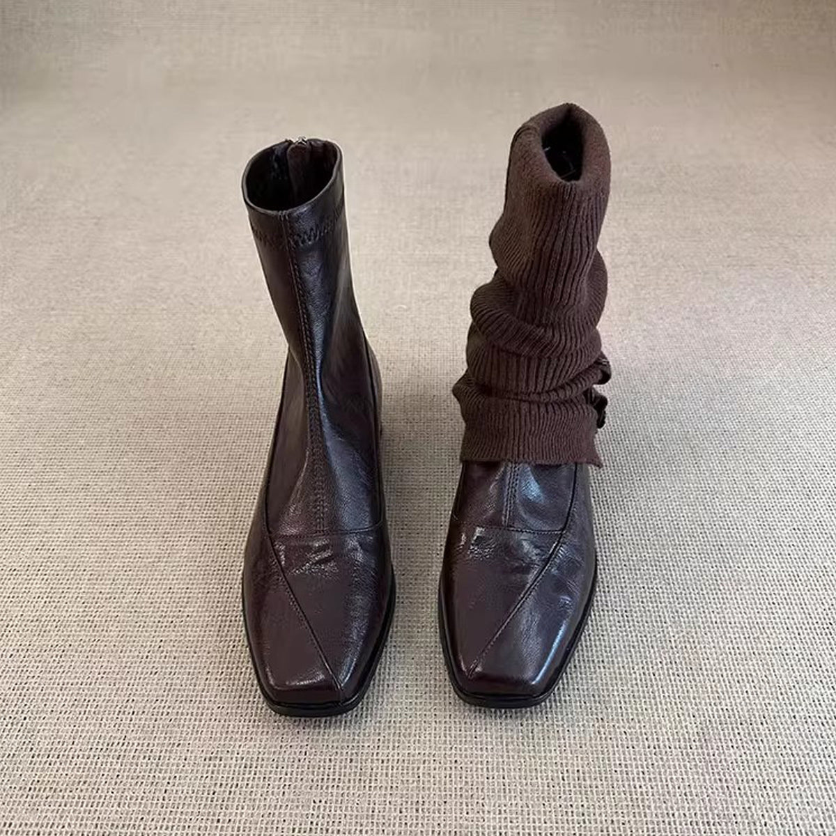 Women's Version Genuine Minimalist Commute Short Slimming Back Zipper Chunky Square Women's Leather Boots