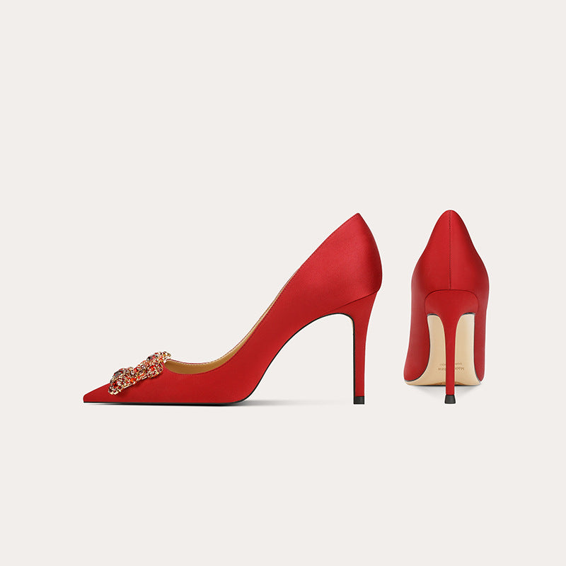 Pointed Toe Pumps Square Buckle Rhinestone Wedding Bride Main Yarn Women's Fashion Shoes
