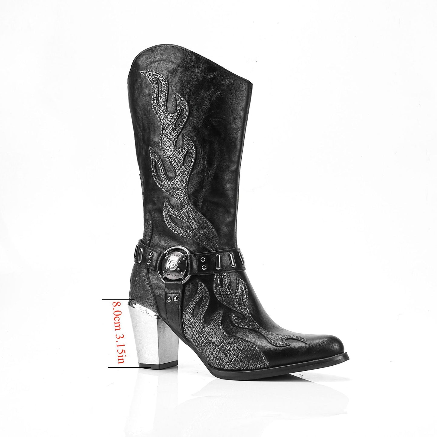 Size Polished Flame Middle Side Zipper Fashion Retro Chunky Western Women's Leather Boots