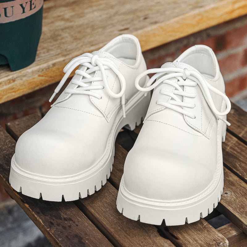 Men's White Spring Breathable Low Top Martin British Thick Sole Leather Shoes