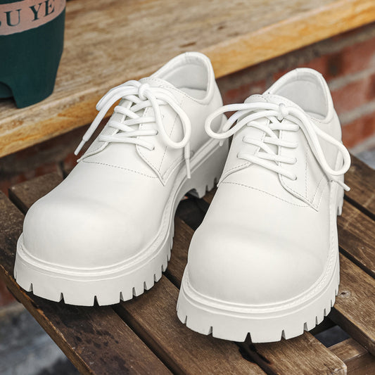 Men's White Spring Breathable Low Top Martin British Thick Sole Leather Shoes