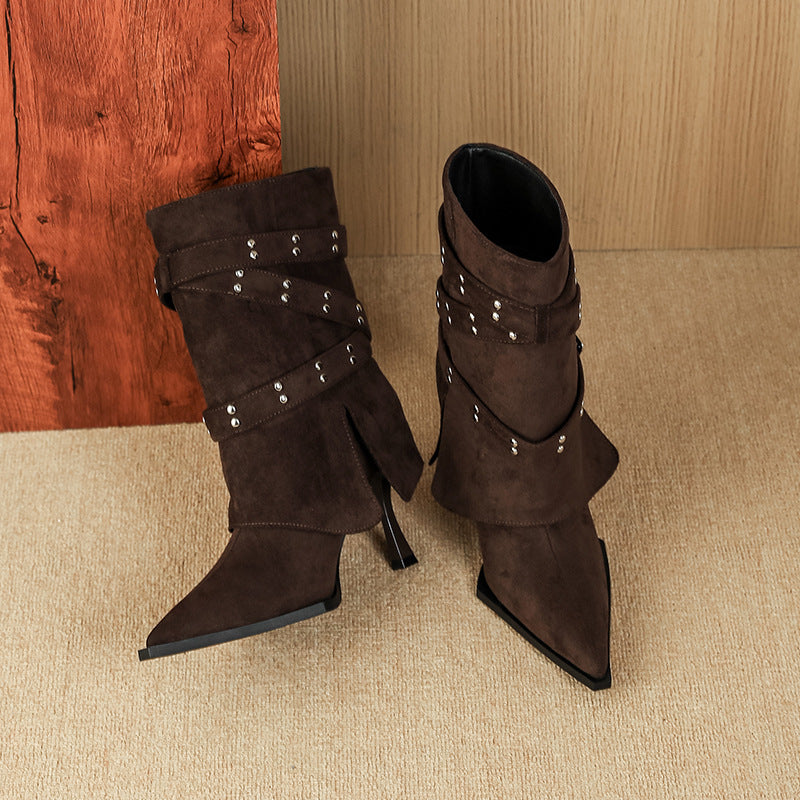Women's Belt Buckle Wide Pointed Stiletto Short High Boots
