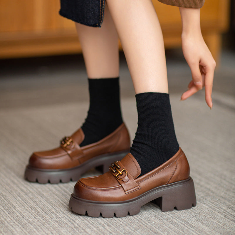 Special British Style Metal Buckle Thick-soled Leather Shoes