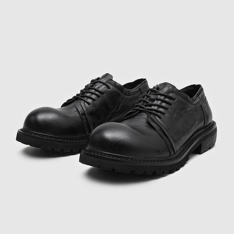 Men's Washed Cowhide Commuter Derby Pleated Warped Head Thick Bottom Increased Men's Casual Leather Shoes