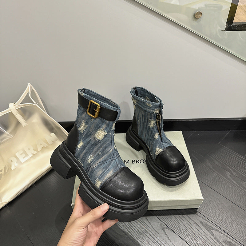Women's Martin Distressed Denim Motorcycle Flat Bottom Super Hot Women's Leather Boots