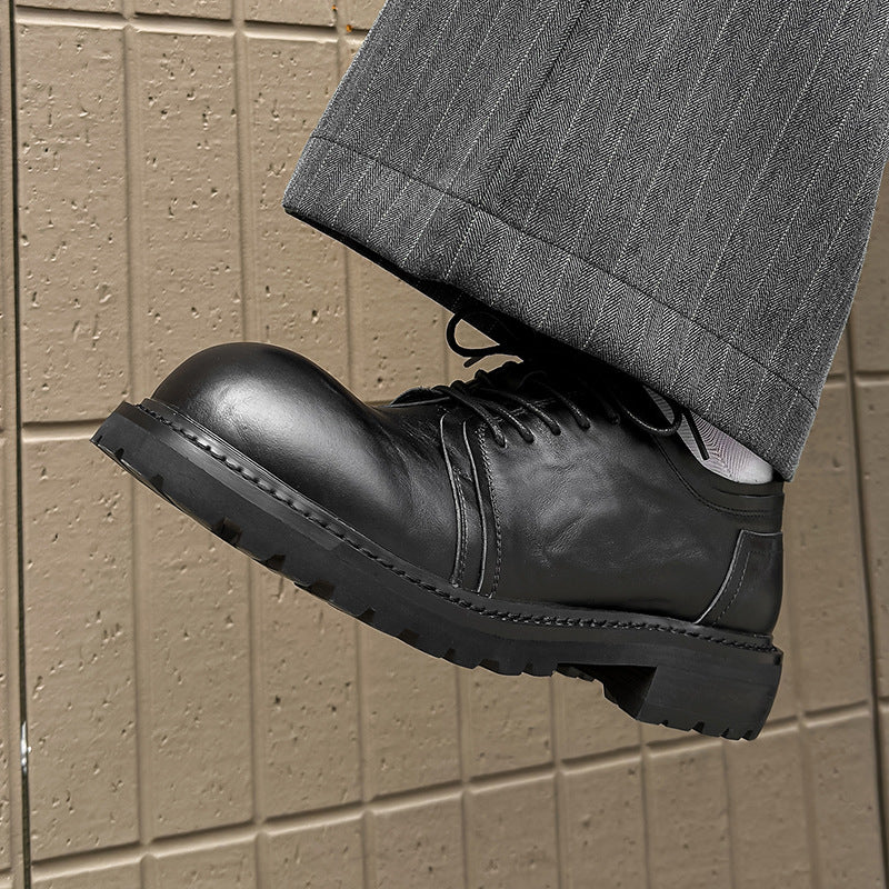 Men's Washed Cowhide Commuter Derby Pleated Warped Head Thick Bottom Increased Men's Casual Leather Shoes