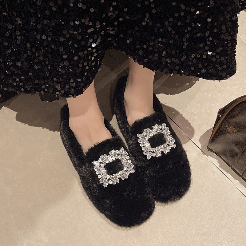 Women's Rhinestone Round Head Plus Veet Doug Single-layer Stylish Fur Casual Shoes