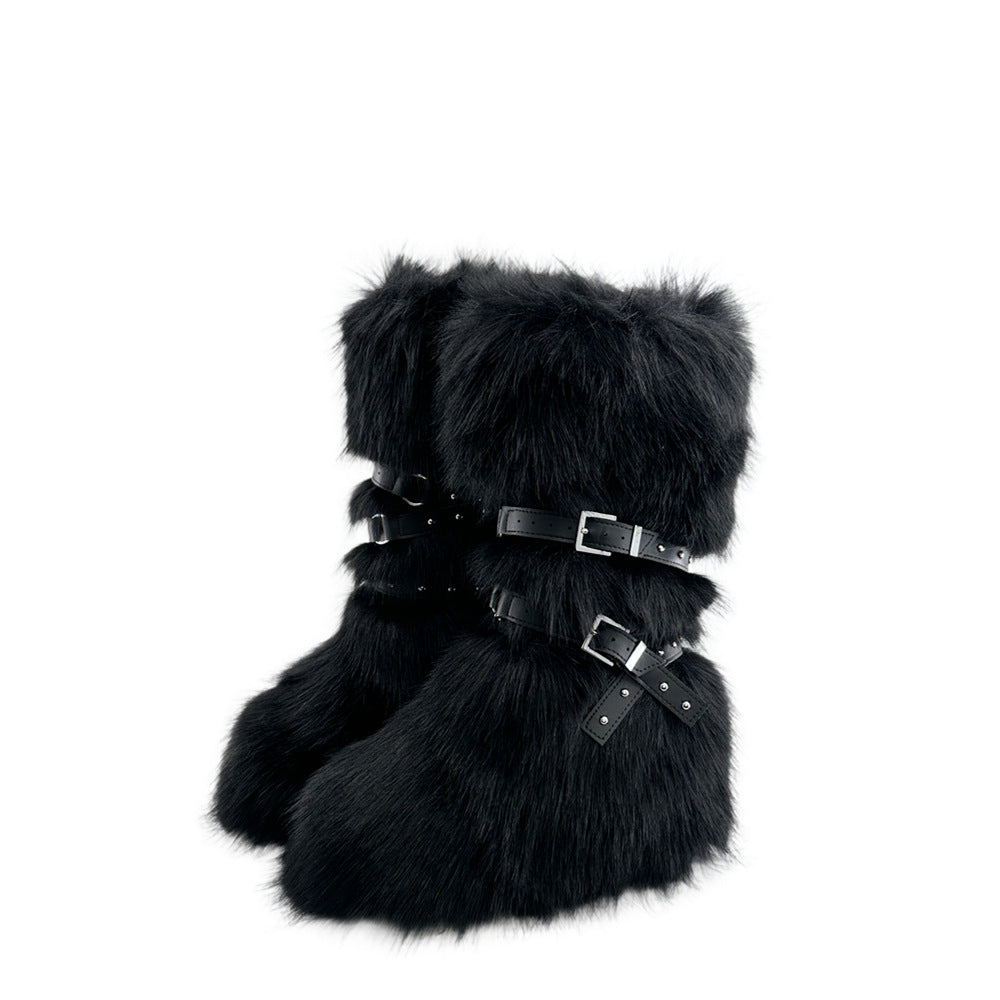 Punk Faux Fur Rivet Slimming Lace Boots