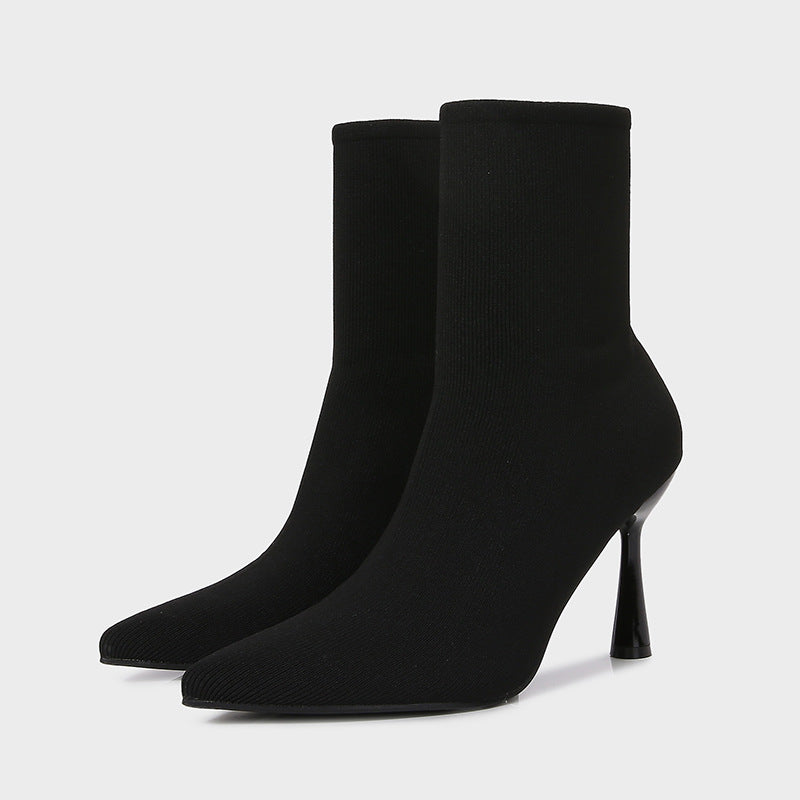 Women's Socks Autumn Black Fabric Stretch Pointed Stiletto Women's Leather Boots