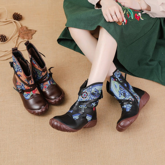 Women's First Layer Cowhide Outsole Winter Ethnic Print Fleece-lined Warm Women's Cotton Shoes