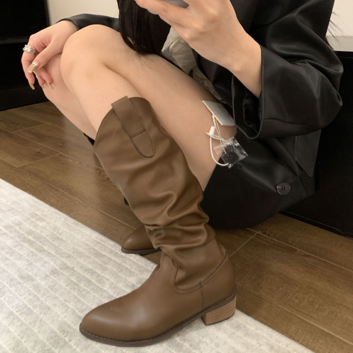 The Knee High Fashion Pointed Chunky Women's Leather Boots