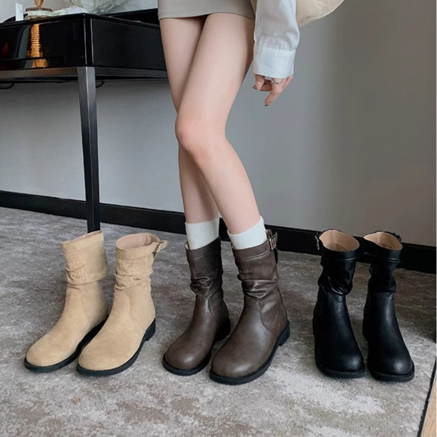 Women's Toe Pleated Suede Chunky Platform Pile Low Cut Short Women's Leather Boots