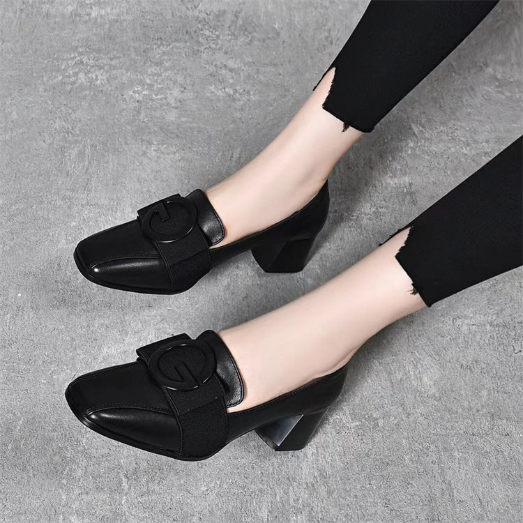 Women's Bottom Pumps Female Mid Chunky British Style Square Leather Shoes