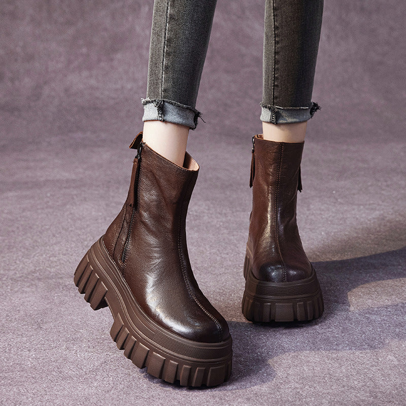 Women's Martin Fashion Genuine Clutch Pattern Double Zipper Small Women's Leather Boots
