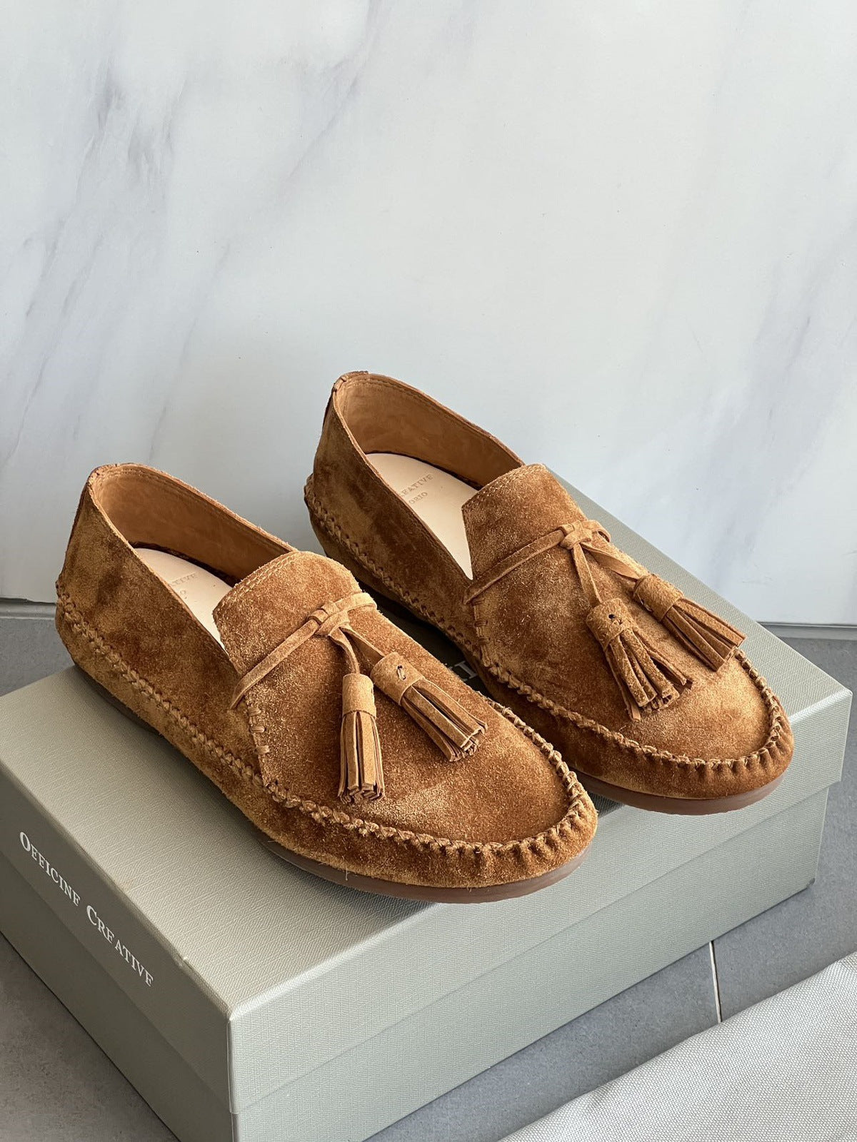 Women's Covered Ancient Tassel Genuine Suede Round Toe Soft Loafers/doug Shoes