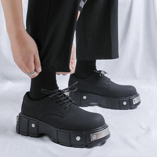 Black Punk Derby Male Advanced Matte Round Leather Shoes