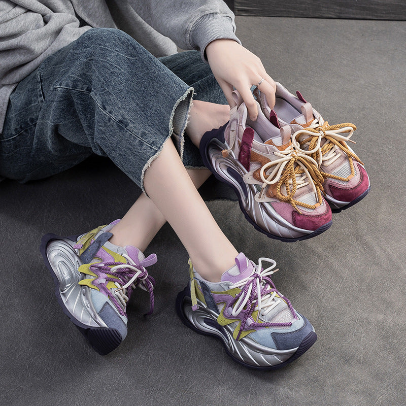Women's Spring Color Matching Fashion Clunky Small Height Increasing Breathable Mesh Women's Shoes