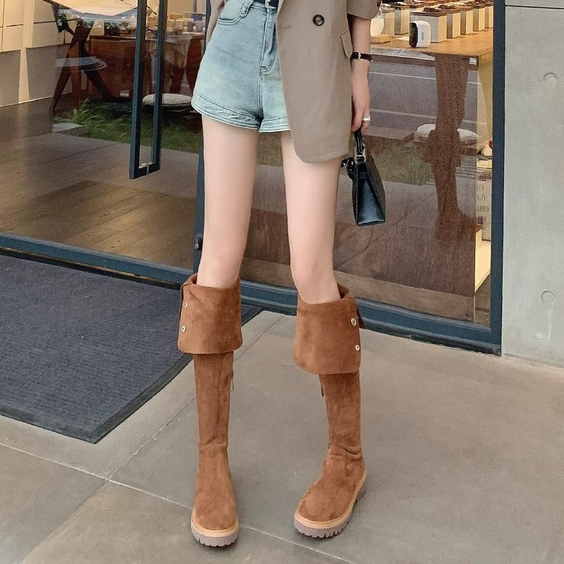 Retro Brown Two-way Wear Knee-high Cow Suede High Boots