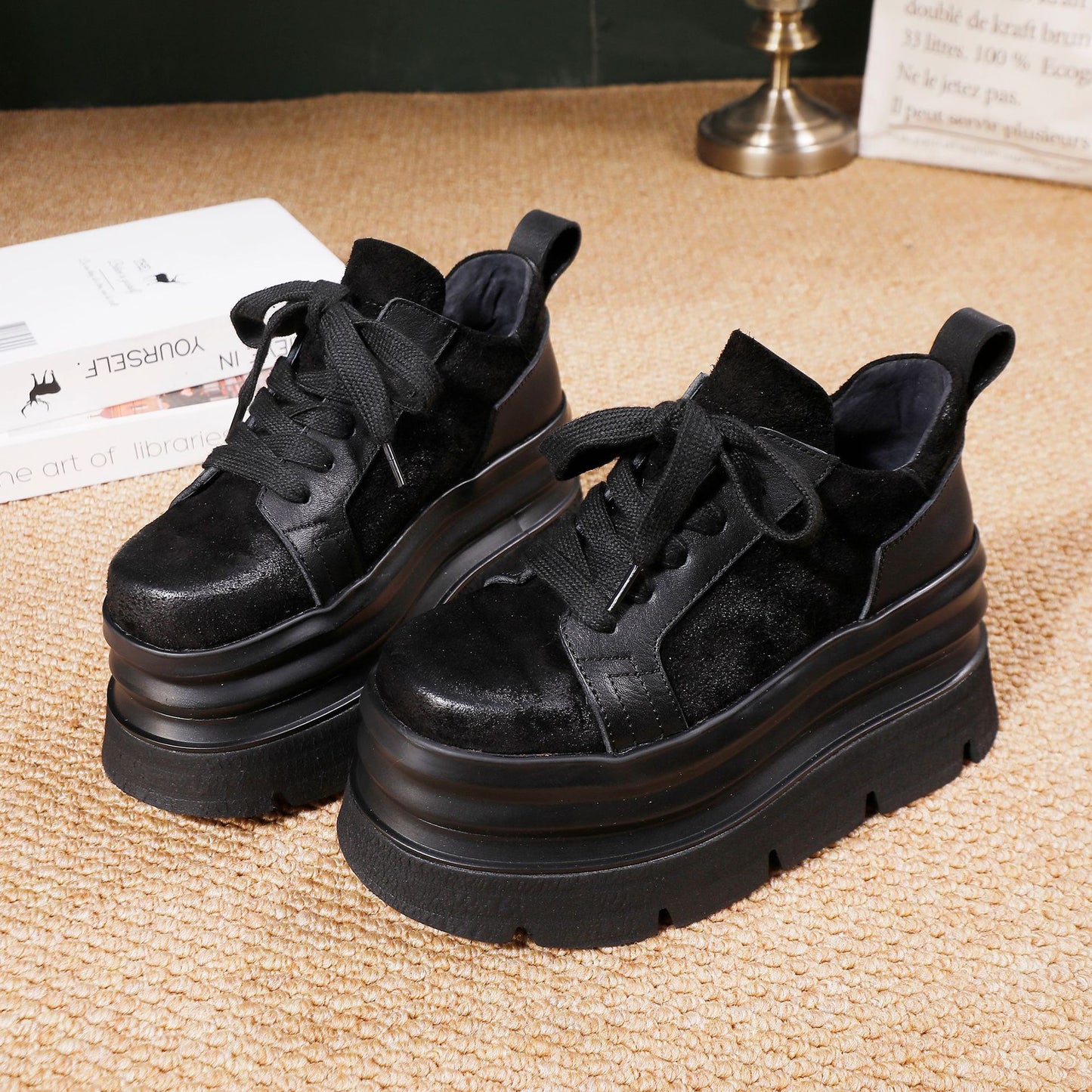 Women's First Layer Cowhide Lightweight Platform Lace Women's Casual Shoes