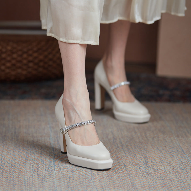 Women's Spring Rhinestone Thick Super Low-cut Waterproof Platform Pumps Mary Heels